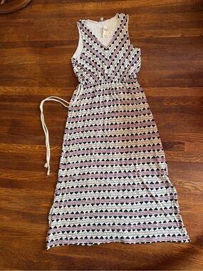 Lucky Brand White Maxi Dress with Black and Mauve Geometric Stripes
